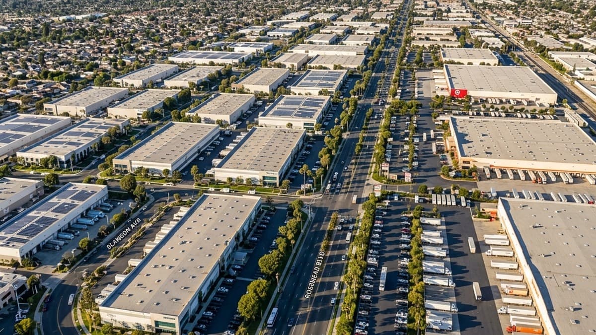 Industrial park with warehouses and light manufacturing businesses in Pico Rivera CA — commercial general liability insurance for small business owners